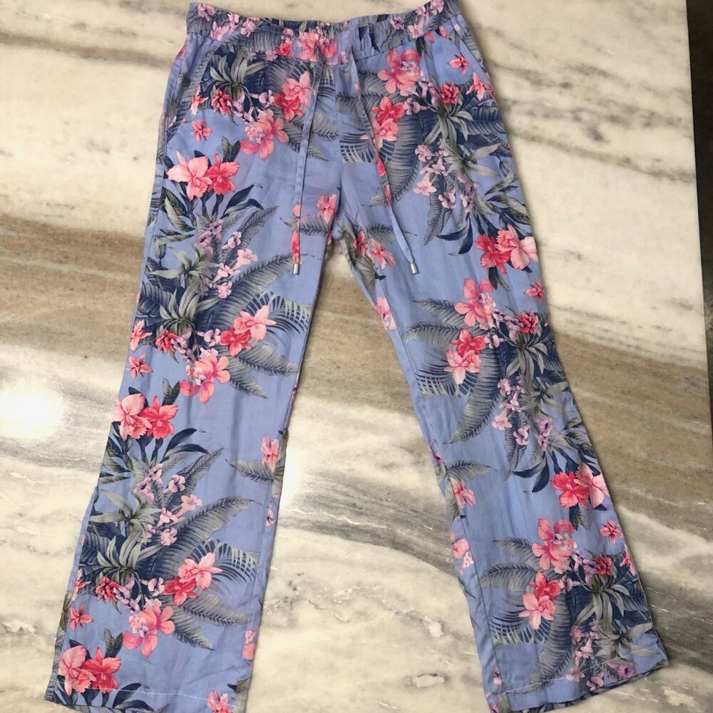 Women's Wide Leg Floral Lounge Pants - Light Blue with Pink Bloom